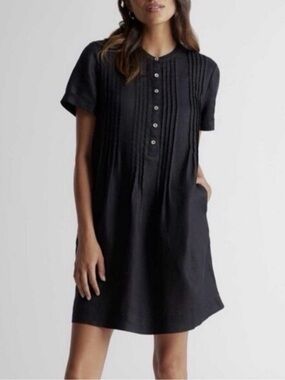 Quince Black Linen Short-Sleeve Pintuck Shift Dress